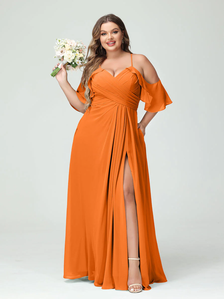 A-Line/Princess Spaghetti Straps Short Sleeves Chiffon Plus Size Bridesmaid Dresses with Pockets,Ruched Split Side - Image 73