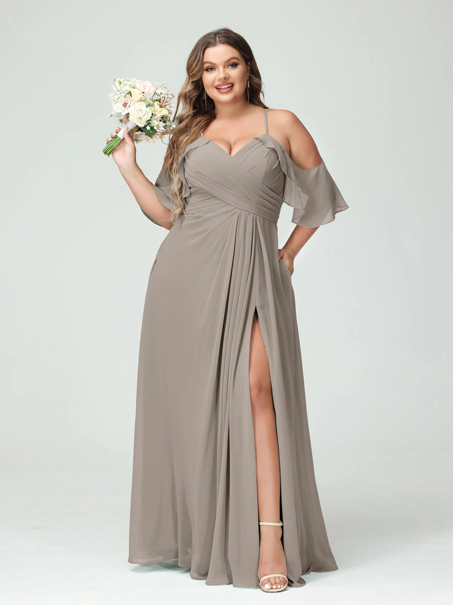A-Line/Princess Spaghetti Straps Short Sleeves Chiffon Plus Size Bridesmaid Dresses with Pockets,Ruched Split Side - Image 74