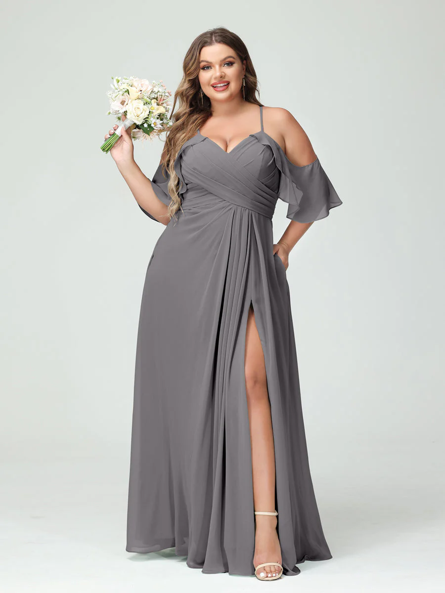 A-Line/Princess Spaghetti Straps Short Sleeves Chiffon Plus Size Bridesmaid Dresses with Pockets,Ruched Split Side - Image 75
