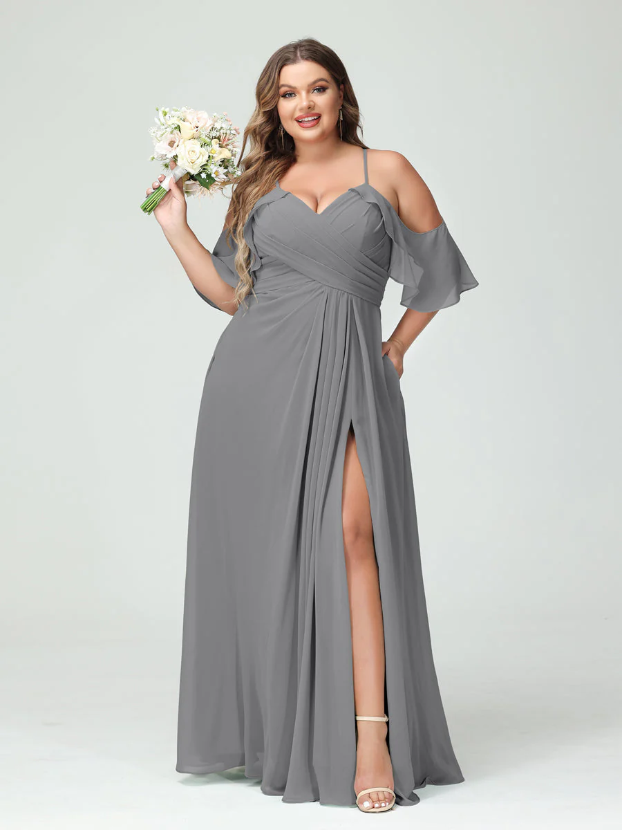 A-Line/Princess Spaghetti Straps Short Sleeves Chiffon Plus Size Bridesmaid Dresses with Pockets,Ruched Split Side - Image 76