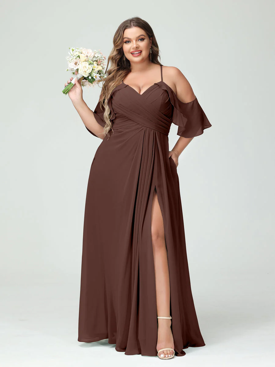 A-Line/Princess Spaghetti Straps Short Sleeves Chiffon Plus Size Bridesmaid Dresses with Pockets,Ruched Split Side - Image 77