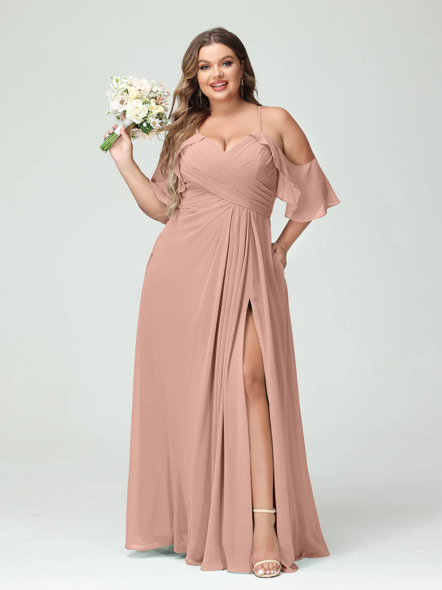 A-Line/Princess Spaghetti Straps Short Sleeves Chiffon Plus Size Bridesmaid Dresses with Pockets,Ruched Split Side - Image 8
