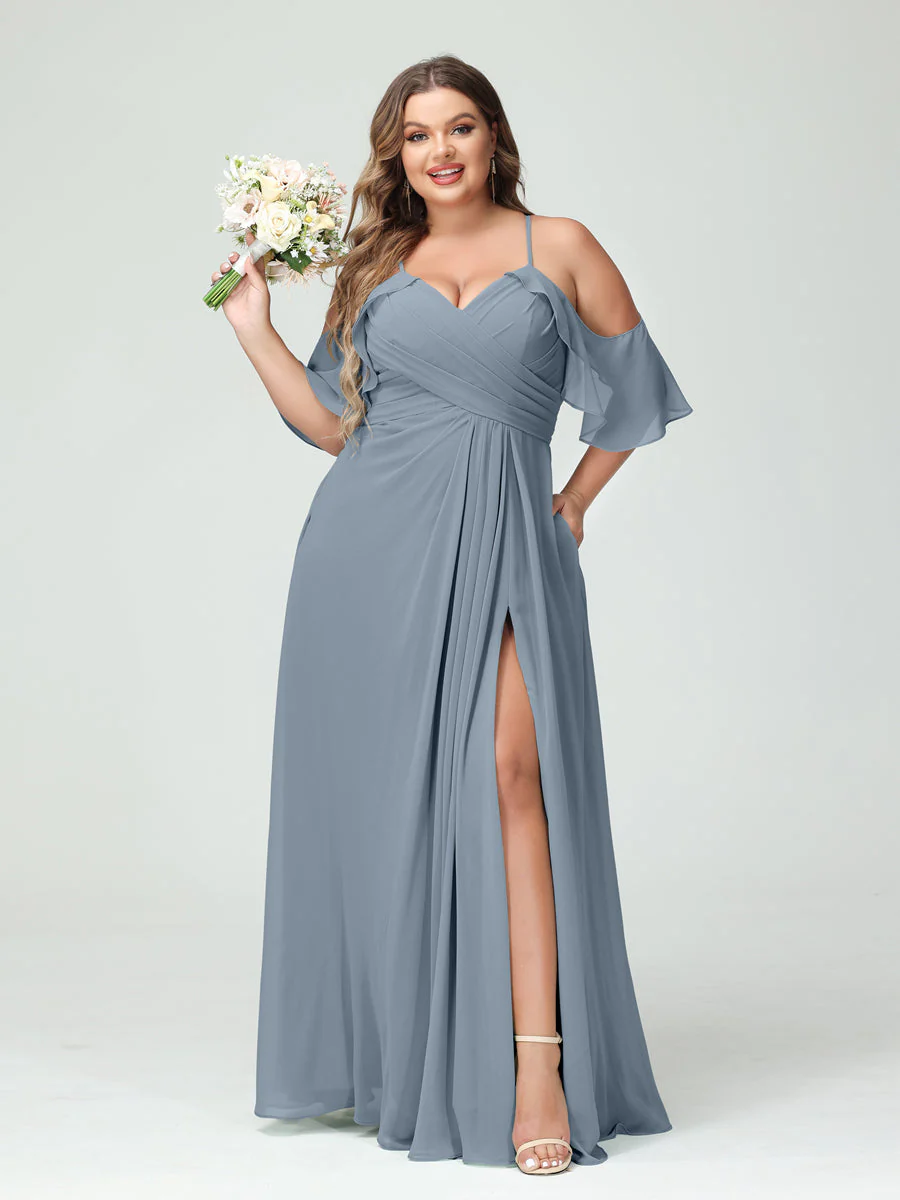 A-Line/Princess Spaghetti Straps Short Sleeves Chiffon Plus Size Bridesmaid Dresses with Pockets,Ruched Split Side - Image 9