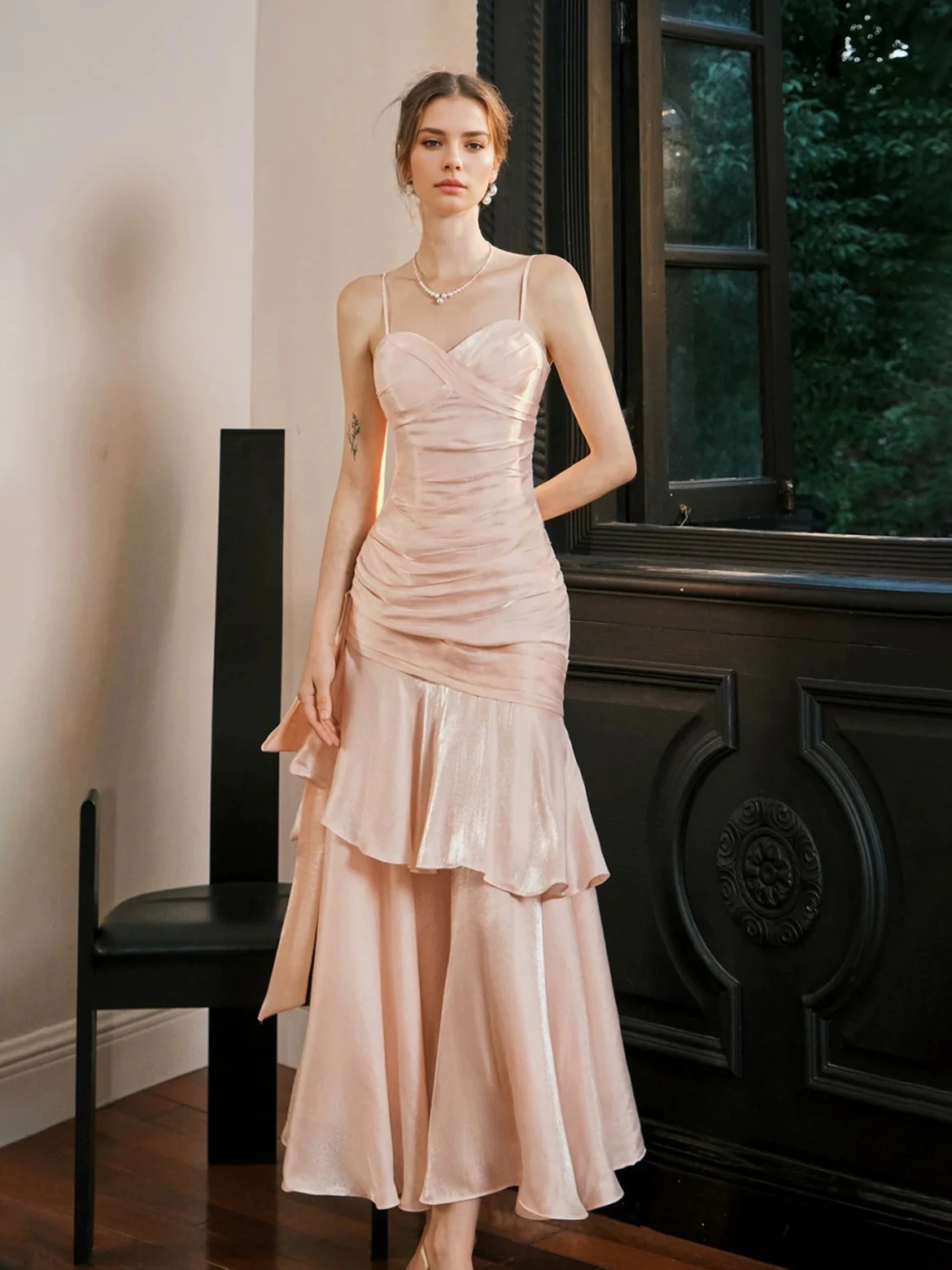 A-Line/Princess Spaghetti Straps Sleeveless Ankle-Length Prom Dresses with Ruffles & Watteau Train - Image 2