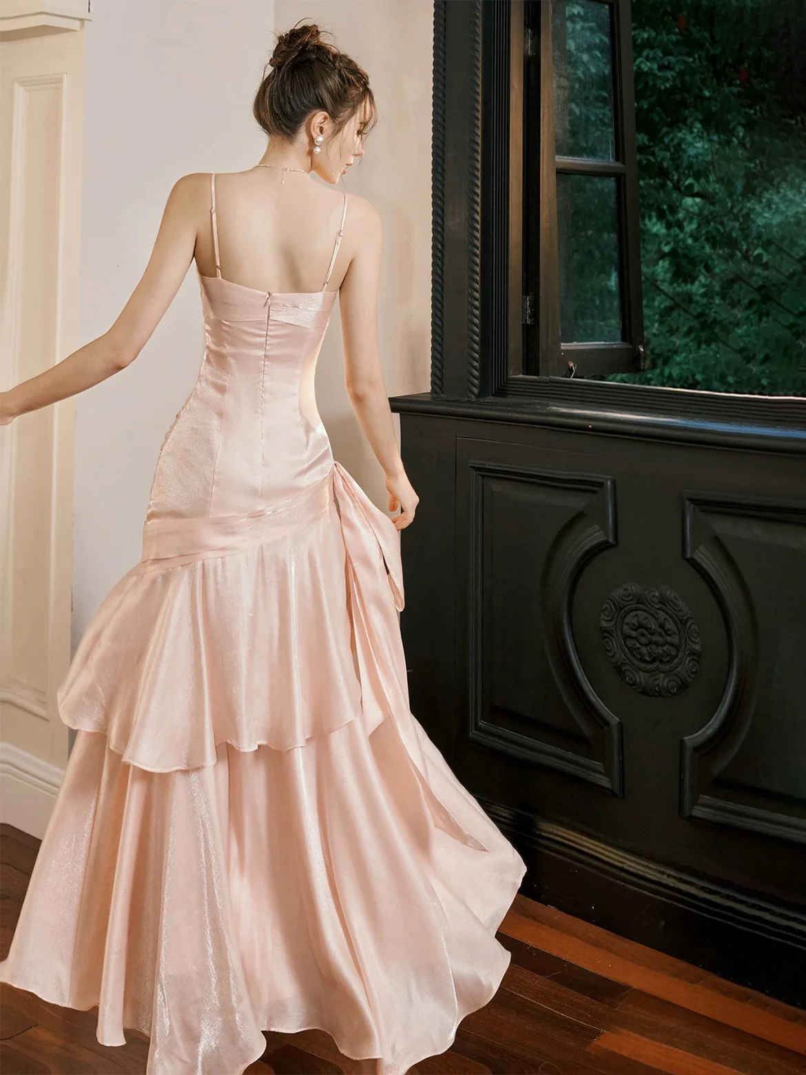 A-Line/Princess Spaghetti Straps Sleeveless Ankle-Length Prom Dresses with Ruffles & Watteau Train - Image 3