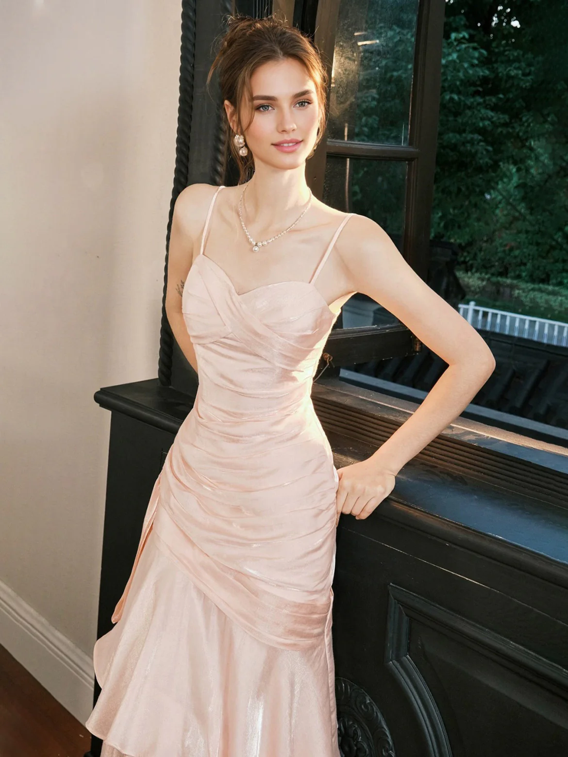 A-Line/Princess Spaghetti Straps Sleeveless Ankle-Length Prom Dresses with Ruffles & Watteau Train - Image 4