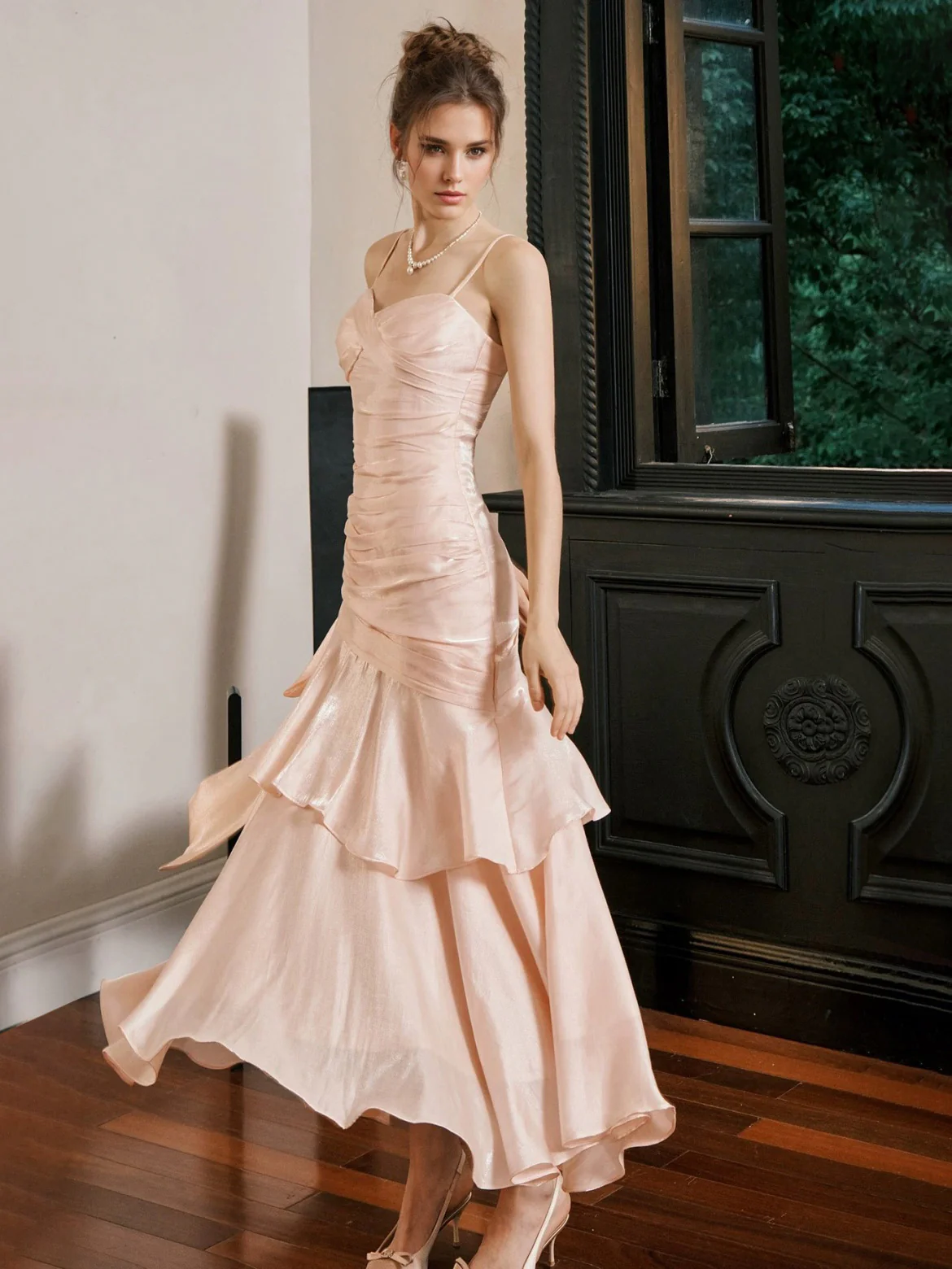 A-Line/Princess Spaghetti Straps Sleeveless Ankle-Length Prom Dresses with Ruffles & Watteau Train - Image 5