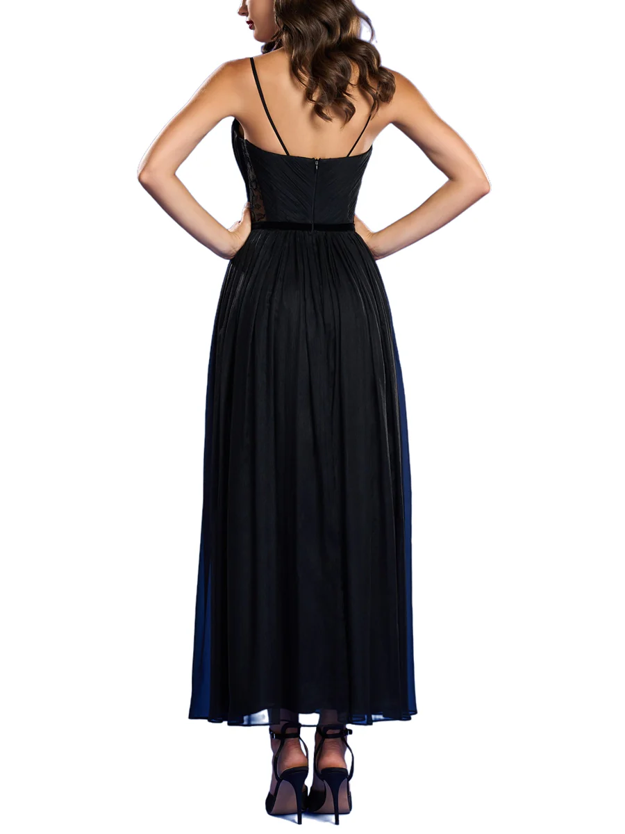 A-Line/Princess Spaghetti Straps Sleeveless Ankle-Length Ruched Evening Dresses with High Split - Image 4