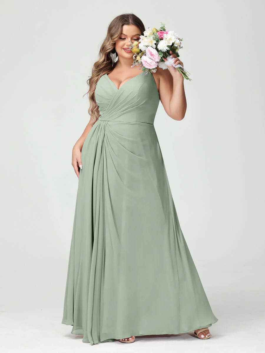 A-Line/Princess Spaghetti Straps Sleeveless Chiffon Plus Size Bridesmaid Dresses with Pockets & Split Side - Image 11