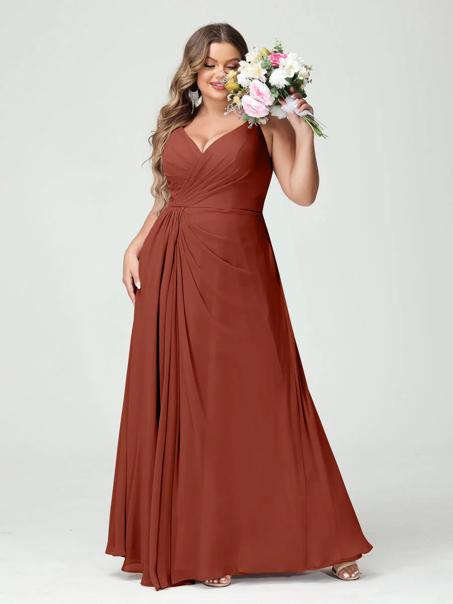 A-Line/Princess Spaghetti Straps Sleeveless Chiffon Plus Size Bridesmaid Dresses with Pockets & Split Side - Image 14