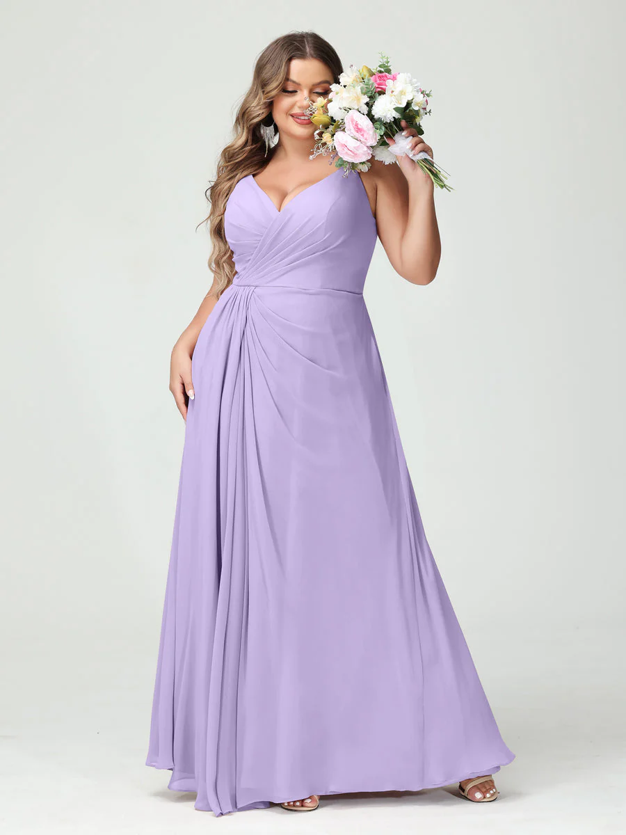 A-Line/Princess Spaghetti Straps Sleeveless Chiffon Plus Size Bridesmaid Dresses with Pockets & Split Side - Image 15