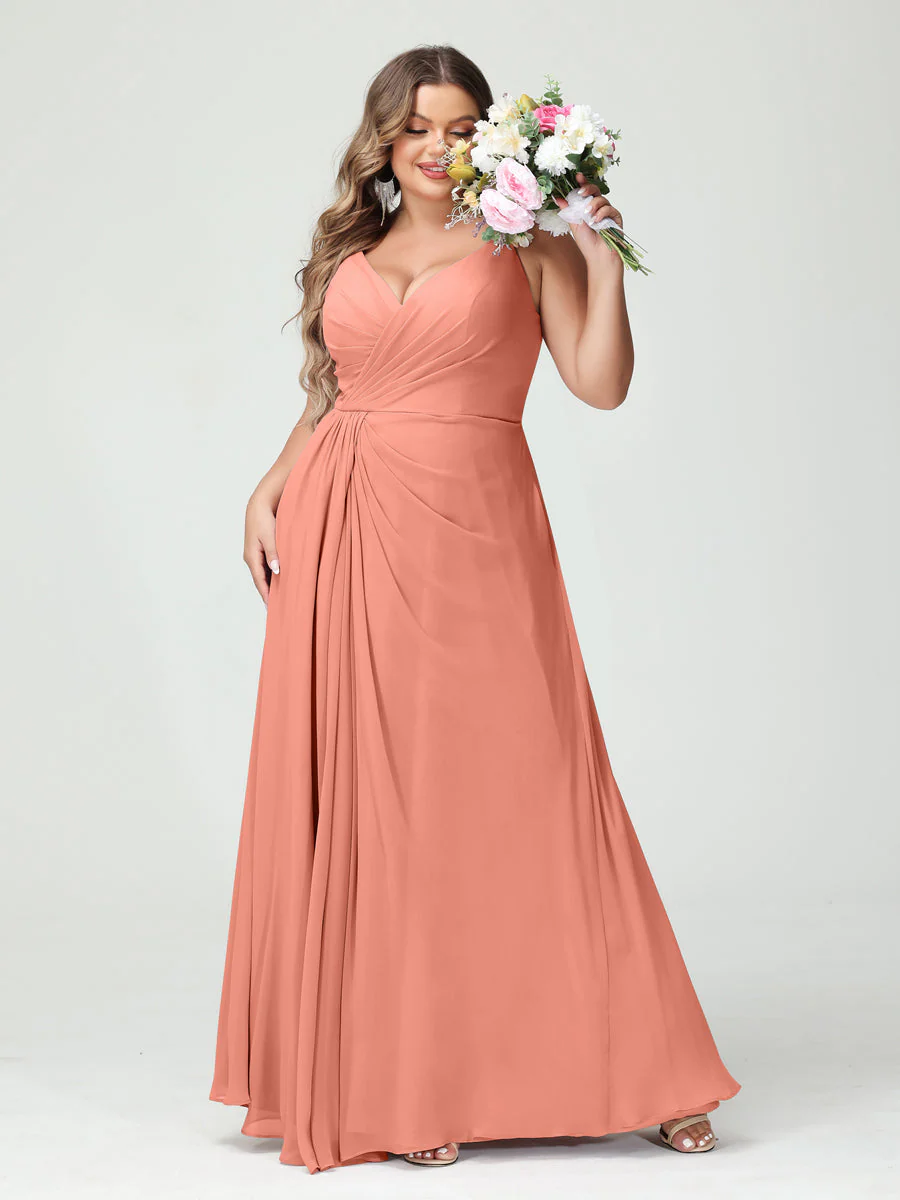 A-Line/Princess Spaghetti Straps Sleeveless Chiffon Plus Size Bridesmaid Dresses with Pockets & Split Side - Image 16