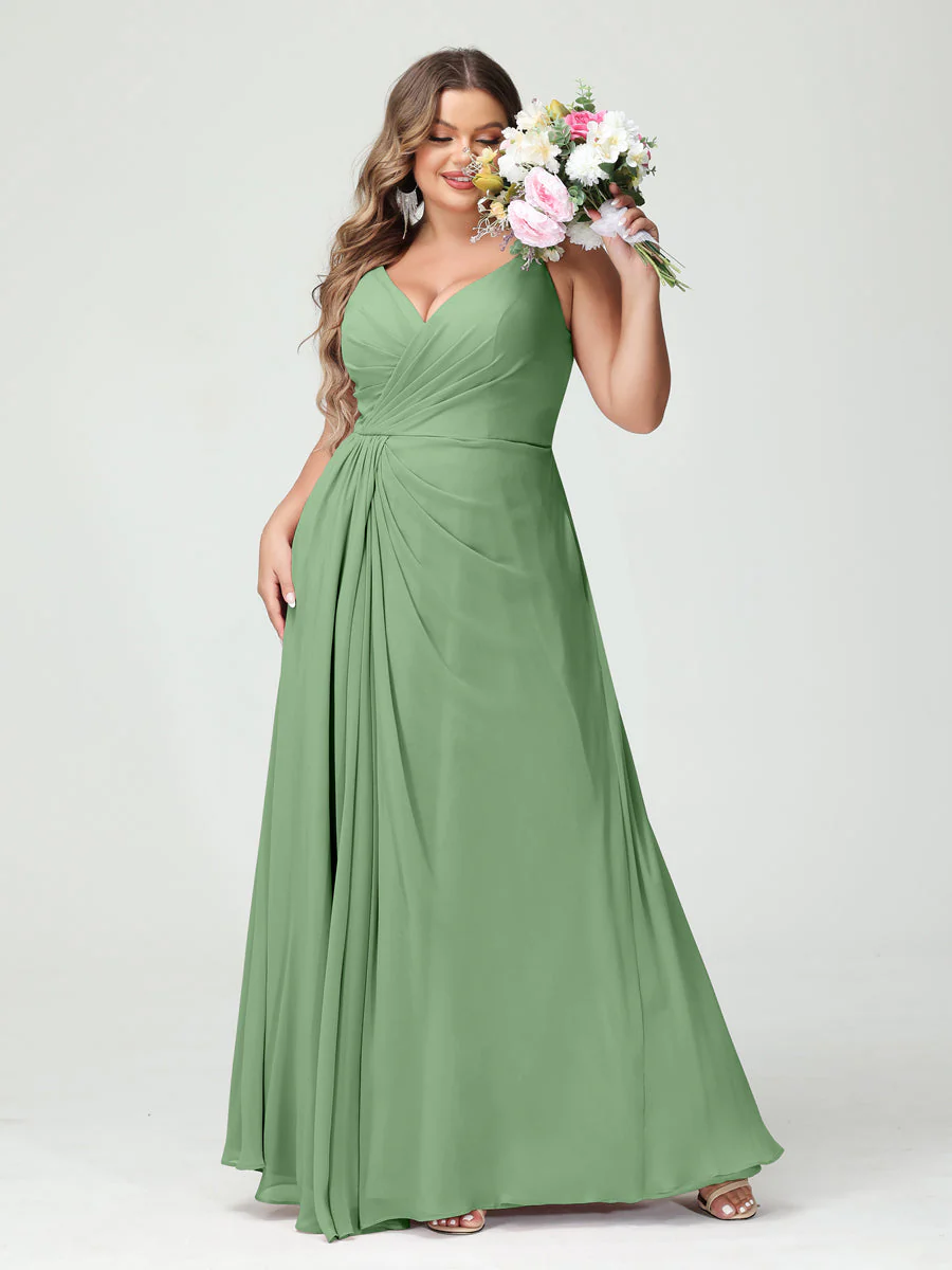A-Line/Princess Spaghetti Straps Sleeveless Chiffon Plus Size Bridesmaid Dresses with Pockets & Split Side - Image 17