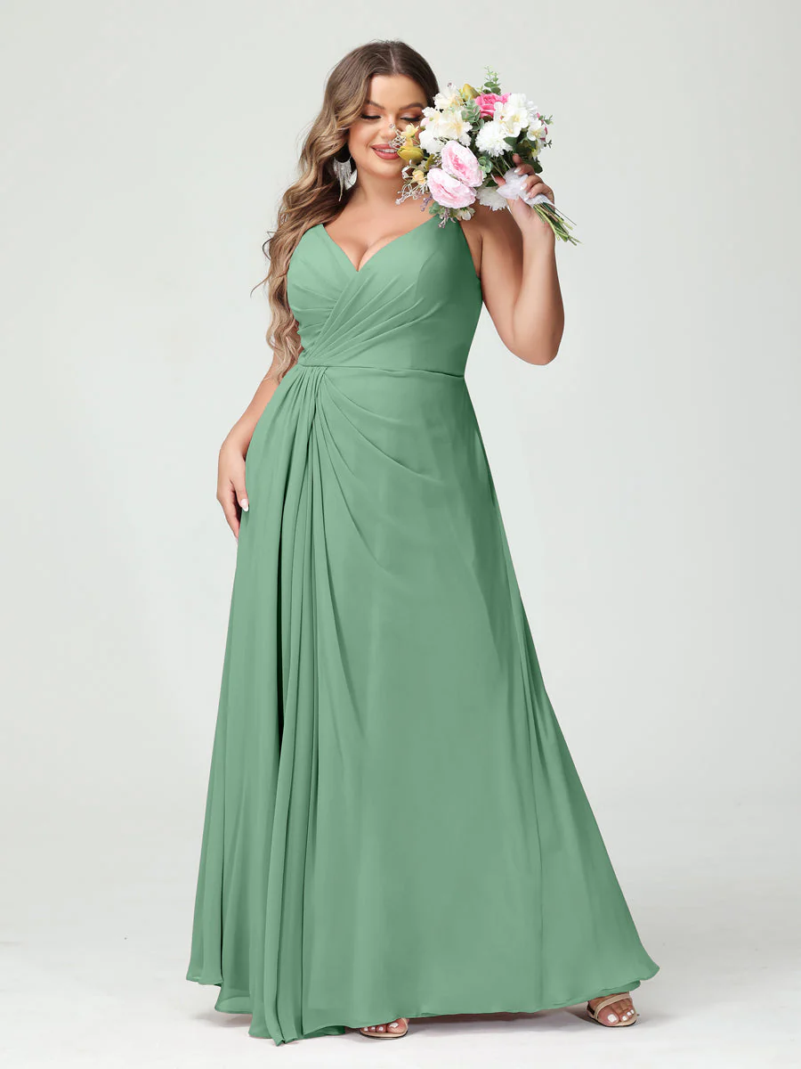 A-Line/Princess Spaghetti Straps Sleeveless Chiffon Plus Size Bridesmaid Dresses with Pockets & Split Side - Image 18