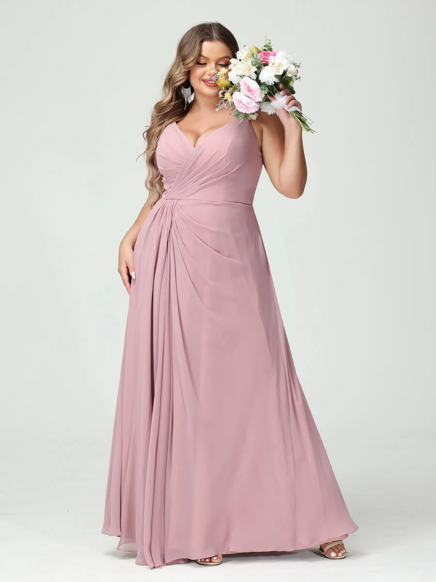 A-Line/Princess Spaghetti Straps Sleeveless Chiffon Plus Size Bridesmaid Dresses with Pockets & Split Side - Image 2