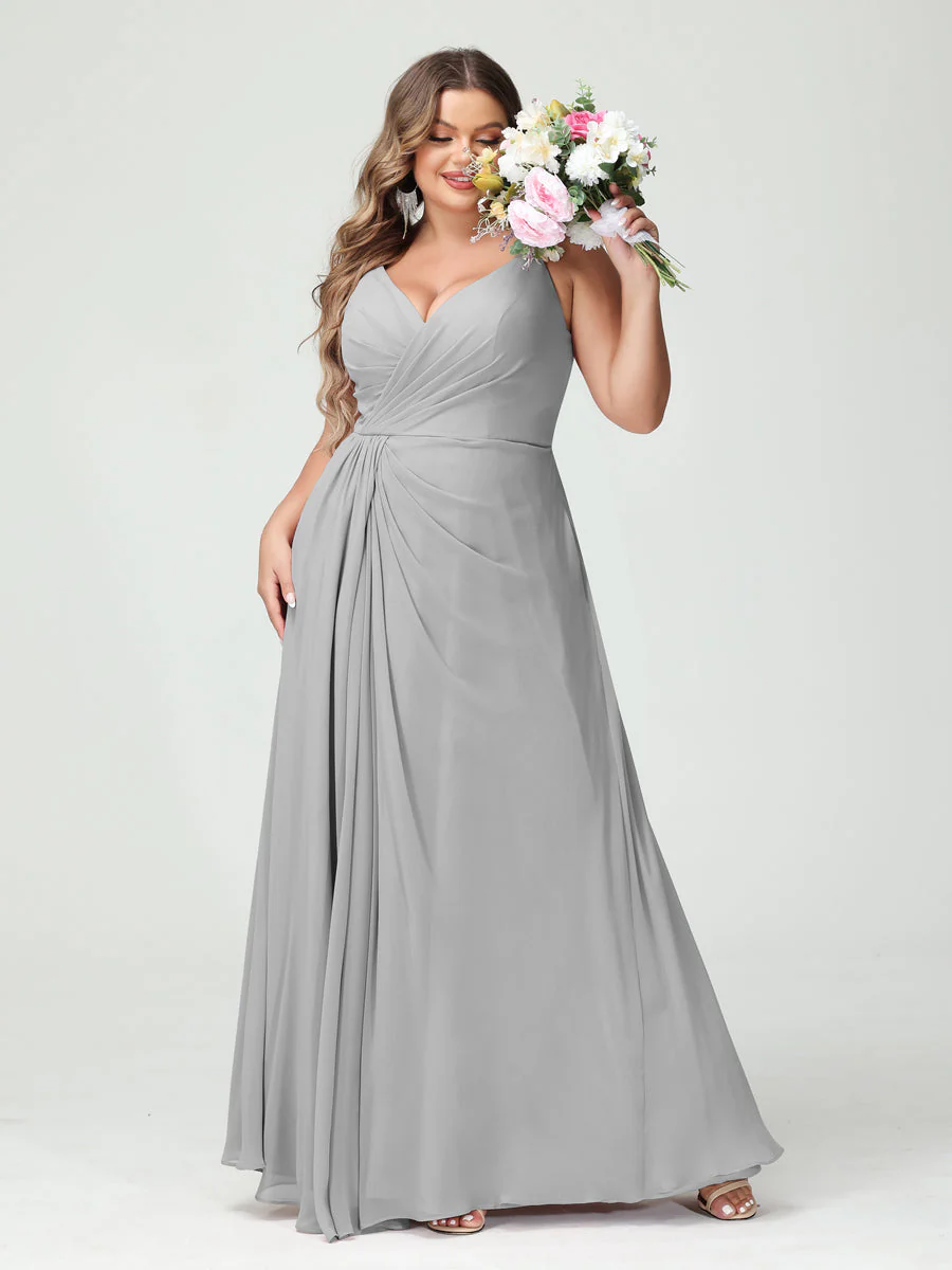 A-Line/Princess Spaghetti Straps Sleeveless Chiffon Plus Size Bridesmaid Dresses with Pockets & Split Side - Image 23