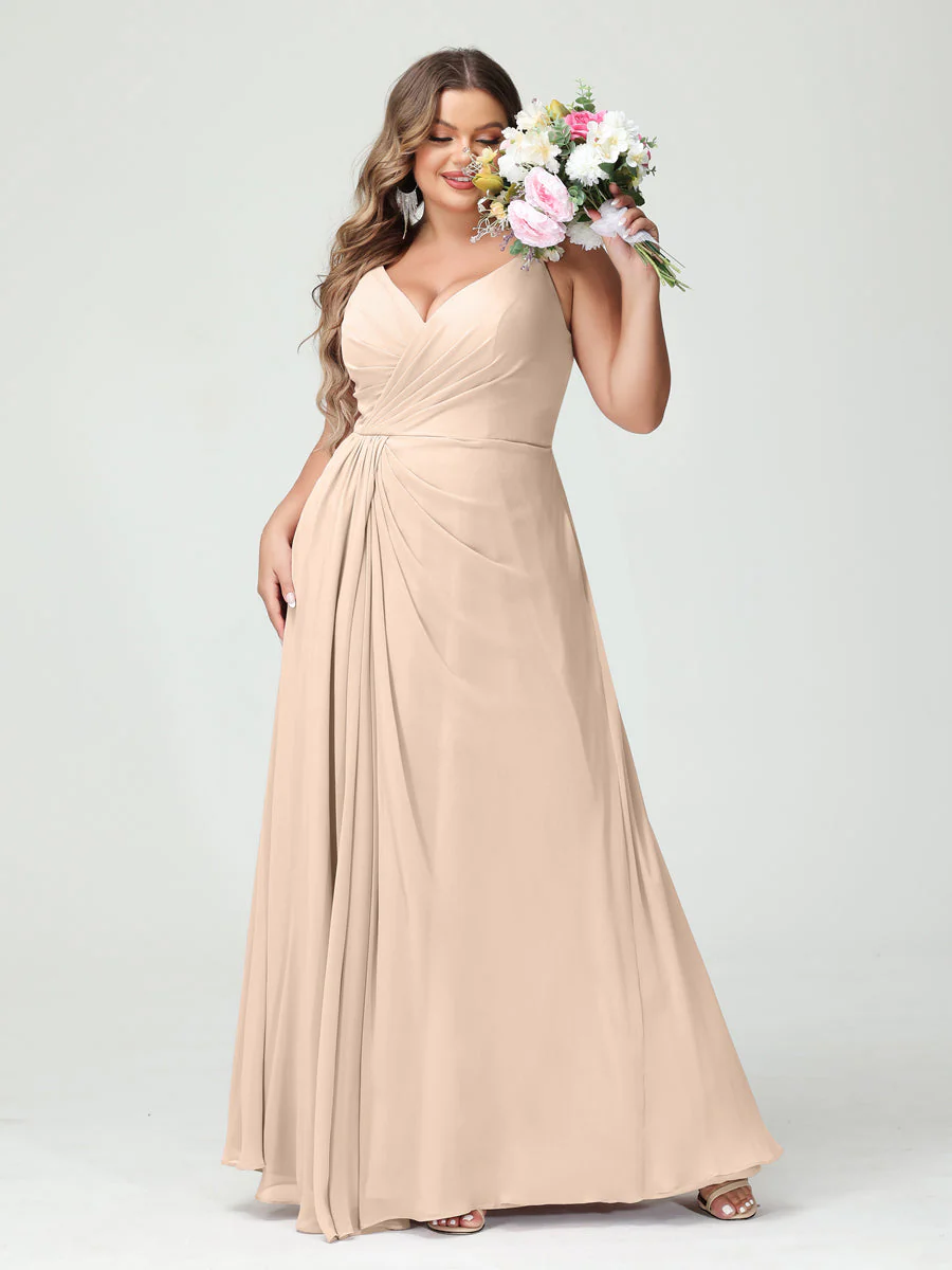 A-Line/Princess Spaghetti Straps Sleeveless Chiffon Plus Size Bridesmaid Dresses with Pockets & Split Side - Image 24