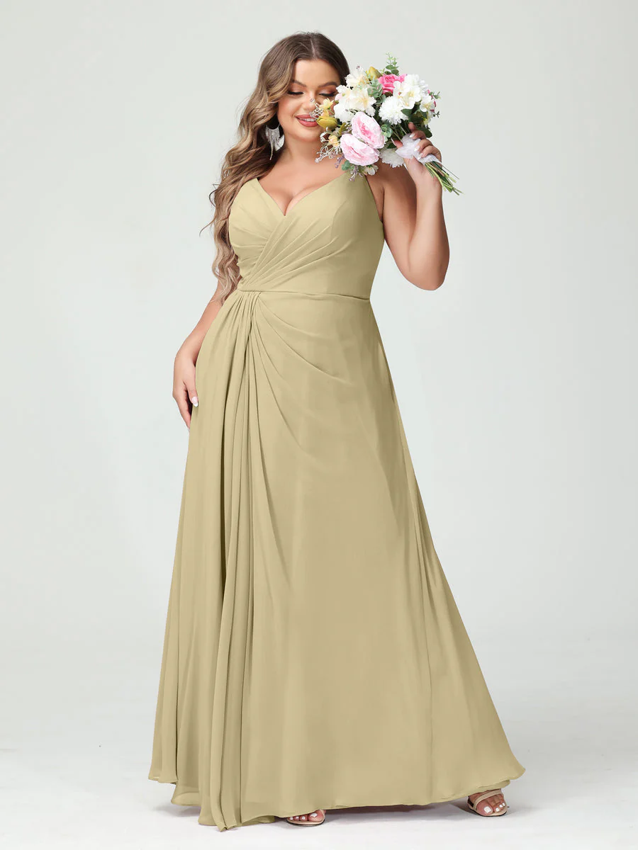 A-Line/Princess Spaghetti Straps Sleeveless Chiffon Plus Size Bridesmaid Dresses with Pockets & Split Side - Image 25