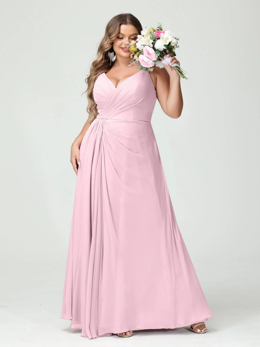 A-Line/Princess Spaghetti Straps Sleeveless Chiffon Plus Size Bridesmaid Dresses with Pockets & Split Side - Image 26