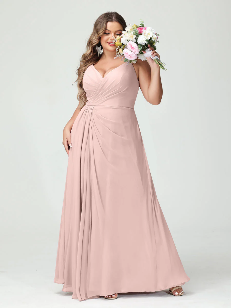 A-Line/Princess Spaghetti Straps Sleeveless Chiffon Plus Size Bridesmaid Dresses with Pockets & Split Side - Image 27