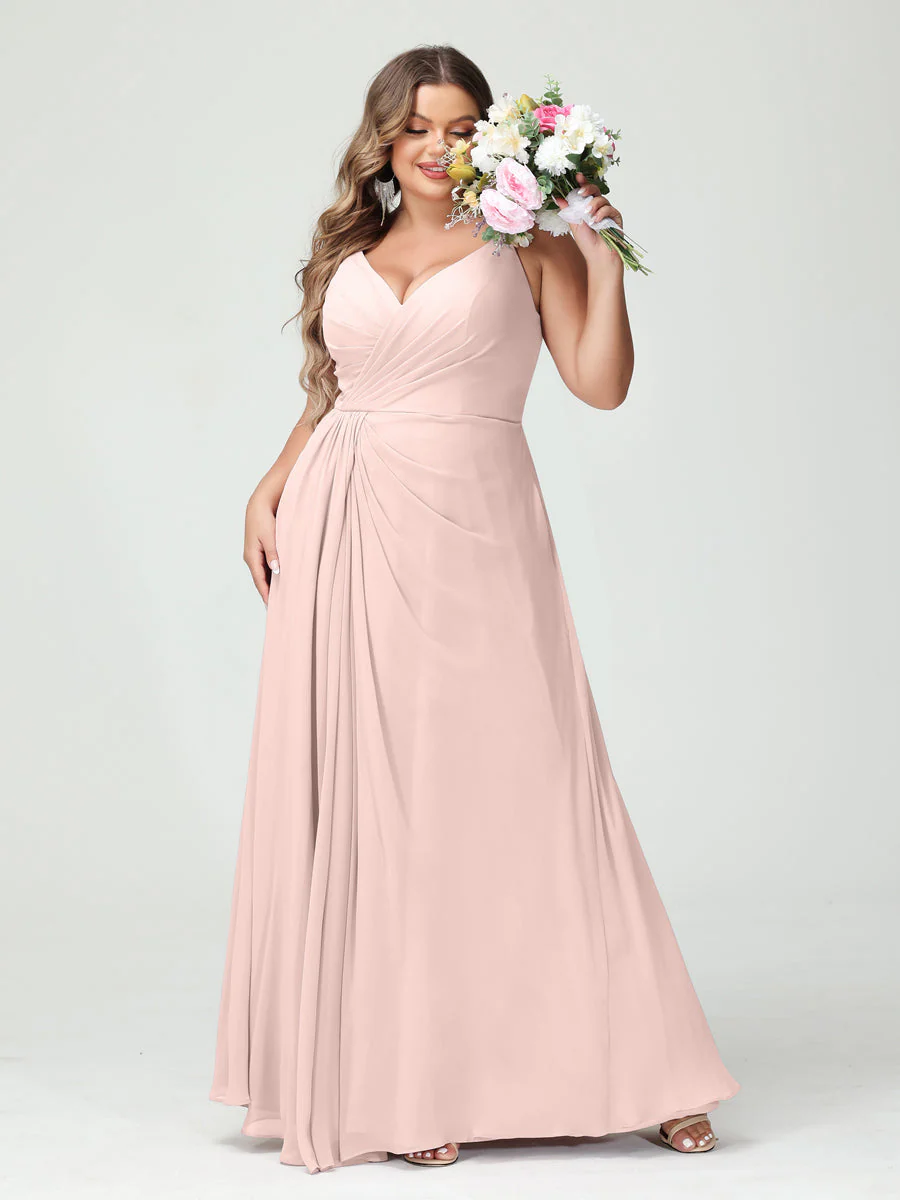 A-Line/Princess Spaghetti Straps Sleeveless Chiffon Plus Size Bridesmaid Dresses with Pockets & Split Side - Image 28