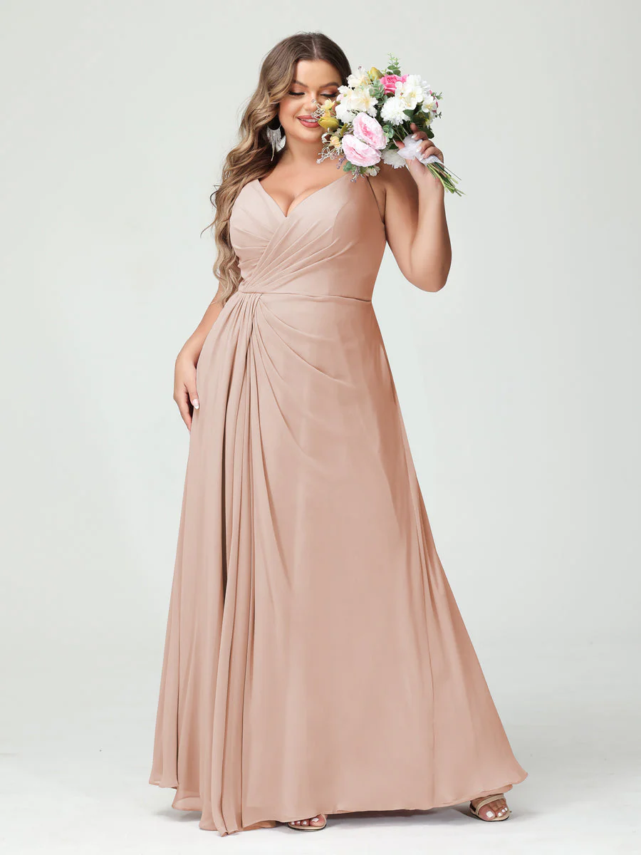A-Line/Princess Spaghetti Straps Sleeveless Chiffon Plus Size Bridesmaid Dresses with Pockets & Split Side - Image 29