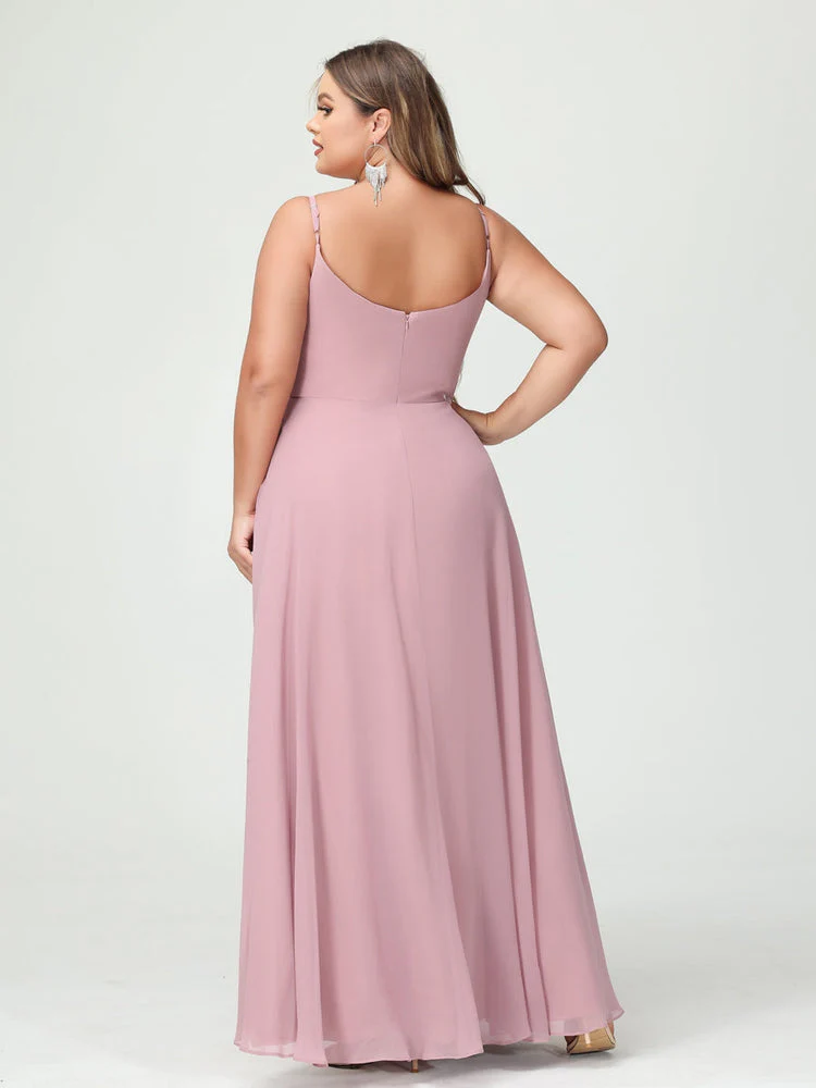 A-Line/Princess Spaghetti Straps Sleeveless Chiffon Plus Size Bridesmaid Dresses with Pockets & Split Side - Image 3