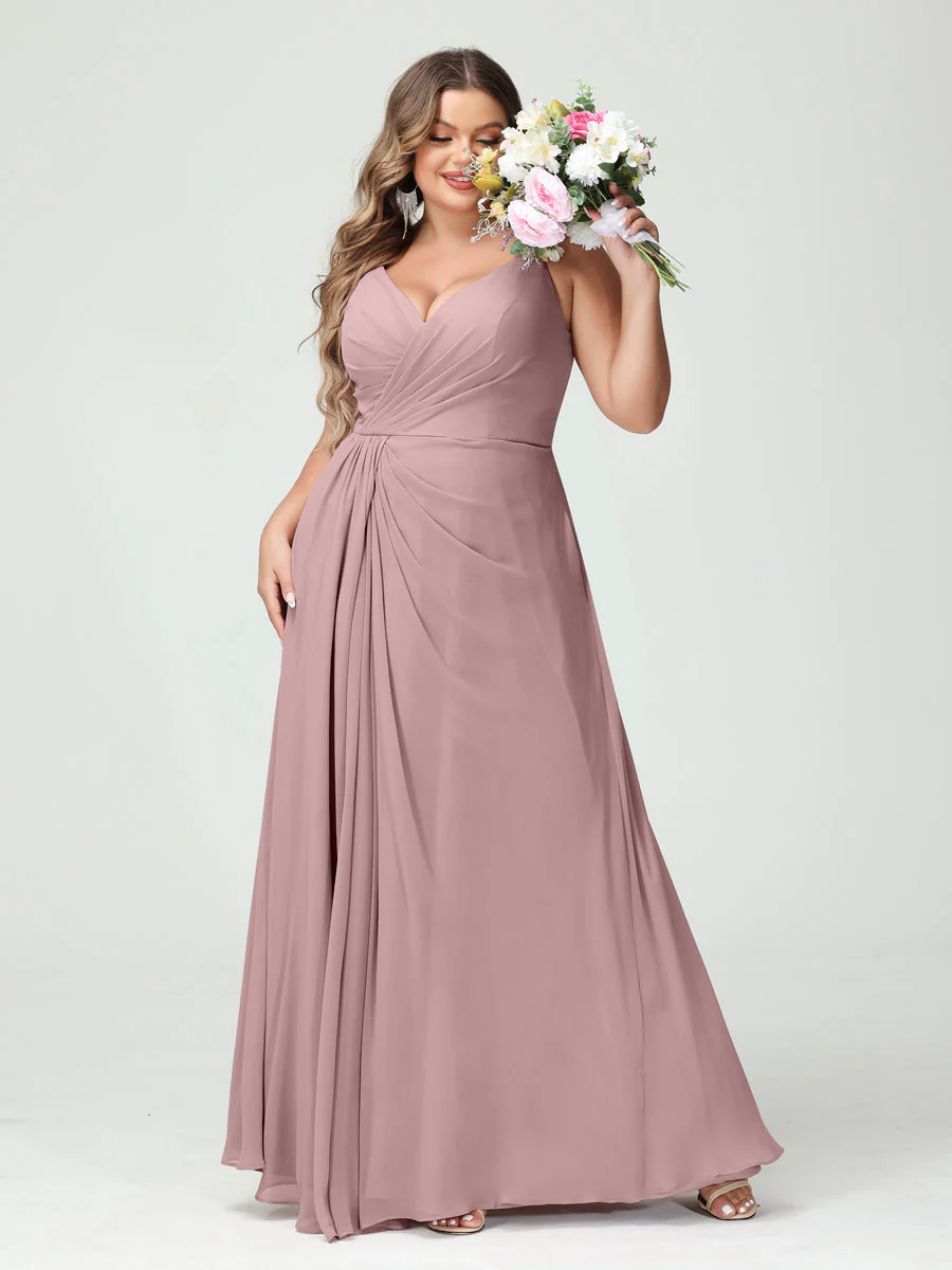 A-Line/Princess Spaghetti Straps Sleeveless Chiffon Plus Size Bridesmaid Dresses with Pockets & Split Side - Image 31