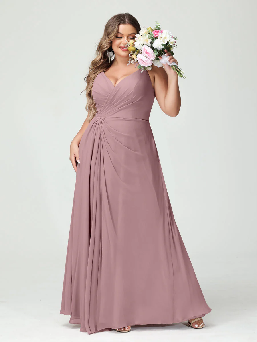 A-Line/Princess Spaghetti Straps Sleeveless Chiffon Plus Size Bridesmaid Dresses with Pockets & Split Side - Image 32