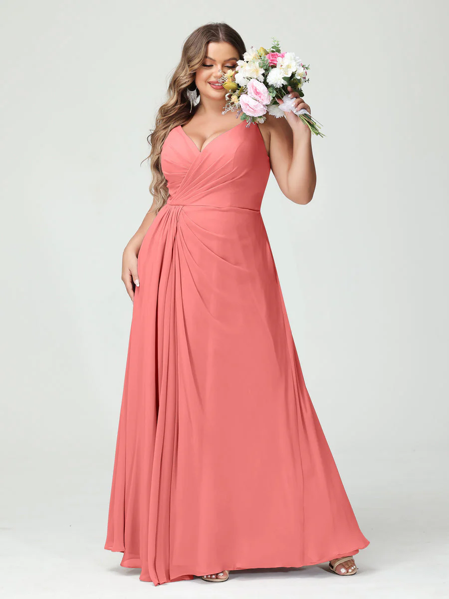 A-Line/Princess Spaghetti Straps Sleeveless Chiffon Plus Size Bridesmaid Dresses with Pockets & Split Side - Image 33
