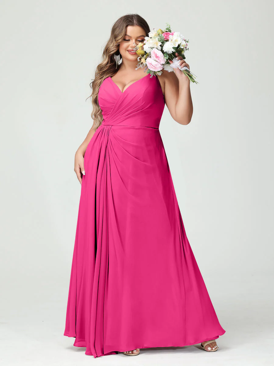 A-Line/Princess Spaghetti Straps Sleeveless Chiffon Plus Size Bridesmaid Dresses with Pockets & Split Side - Image 34