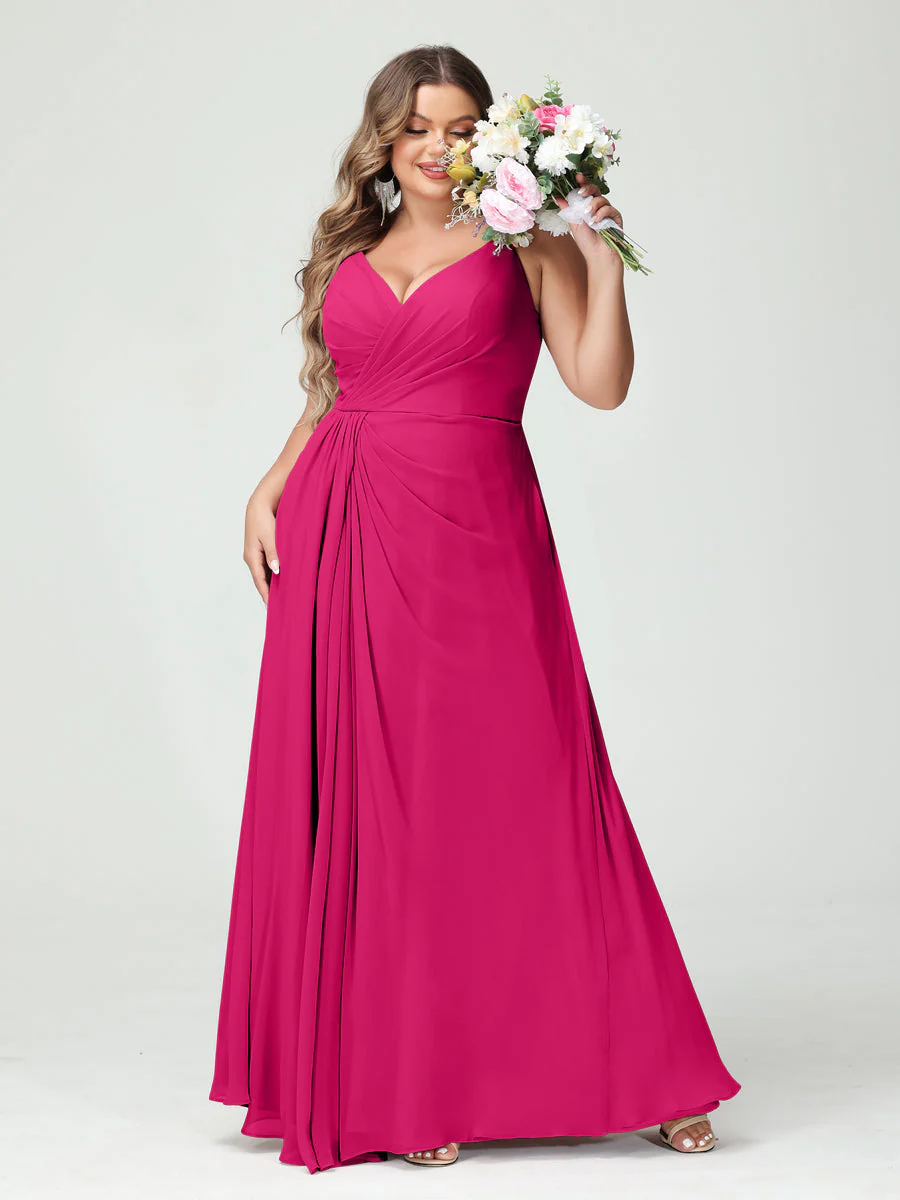 A-Line/Princess Spaghetti Straps Sleeveless Chiffon Plus Size Bridesmaid Dresses with Pockets & Split Side - Image 35