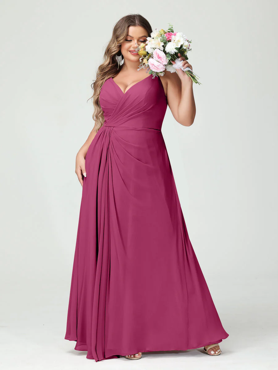 A-Line/Princess Spaghetti Straps Sleeveless Chiffon Plus Size Bridesmaid Dresses with Pockets & Split Side - Image 36