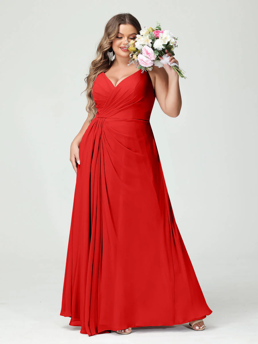 A-Line/Princess Spaghetti Straps Sleeveless Chiffon Plus Size Bridesmaid Dresses with Pockets & Split Side - Image 37