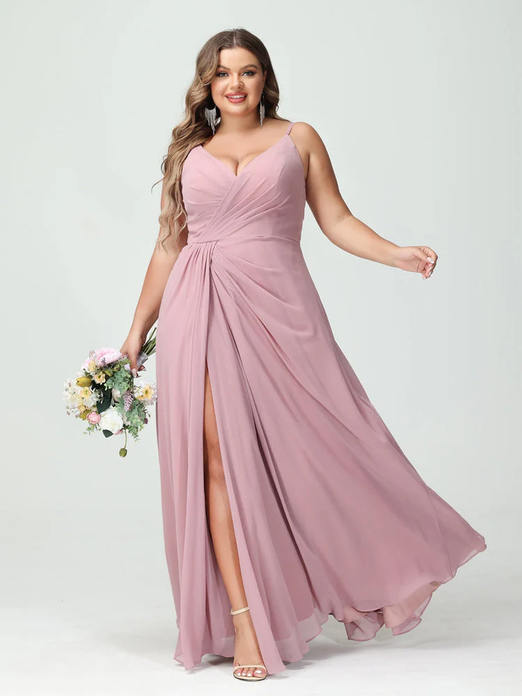 A-Line/Princess Spaghetti Straps Sleeveless Chiffon Plus Size Bridesmaid Dresses with Pockets & Split Side - Image 4