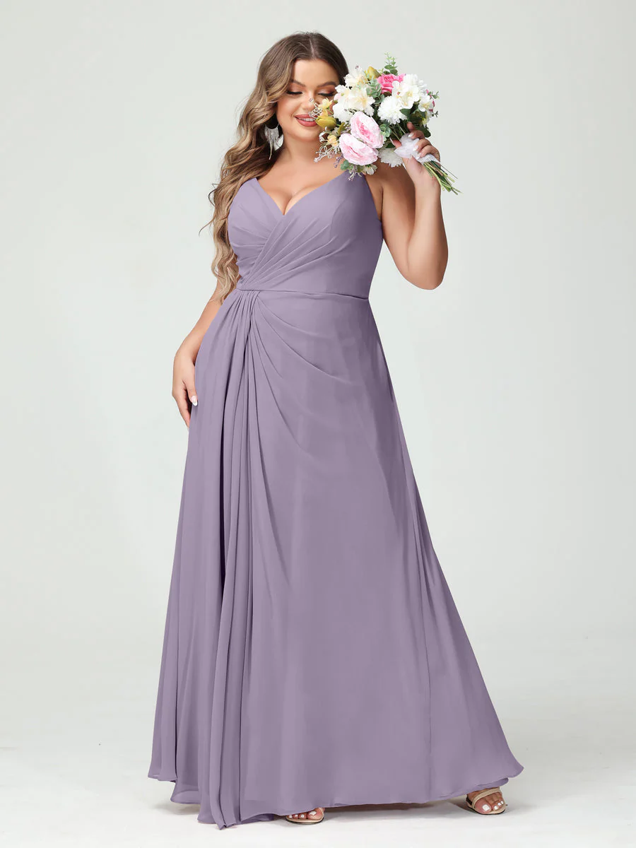 A-Line/Princess Spaghetti Straps Sleeveless Chiffon Plus Size Bridesmaid Dresses with Pockets & Split Side - Image 40