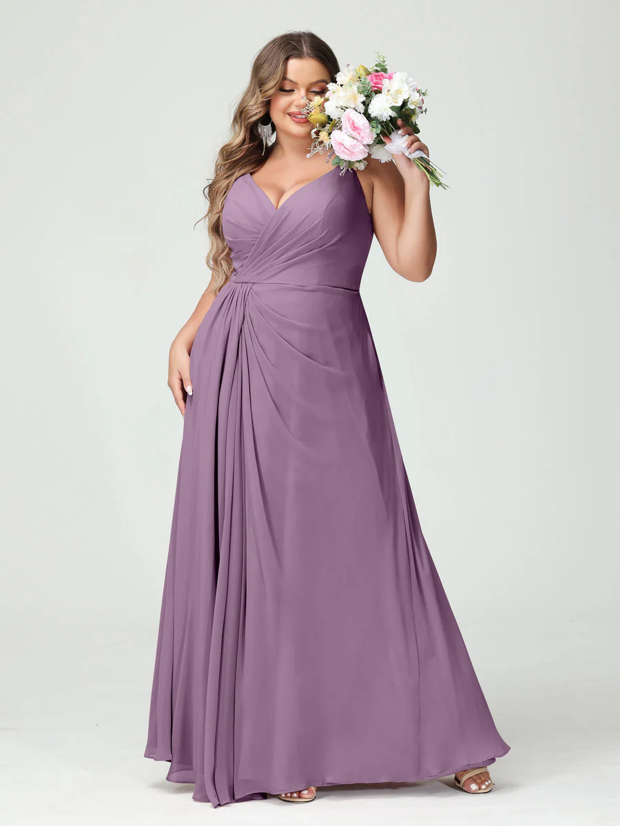A-Line/Princess Spaghetti Straps Sleeveless Chiffon Plus Size Bridesmaid Dresses with Pockets & Split Side - Image 41