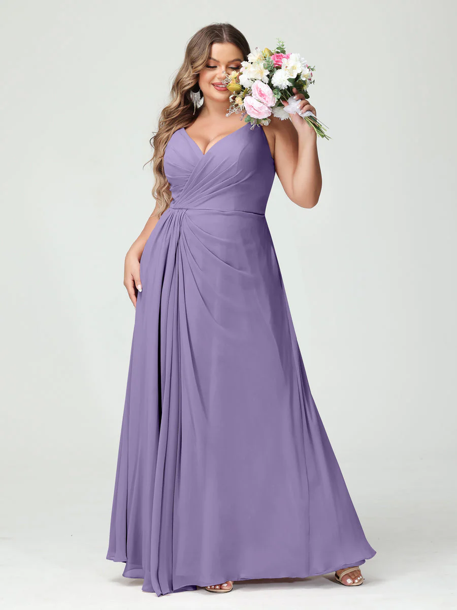 A-Line/Princess Spaghetti Straps Sleeveless Chiffon Plus Size Bridesmaid Dresses with Pockets & Split Side - Image 42