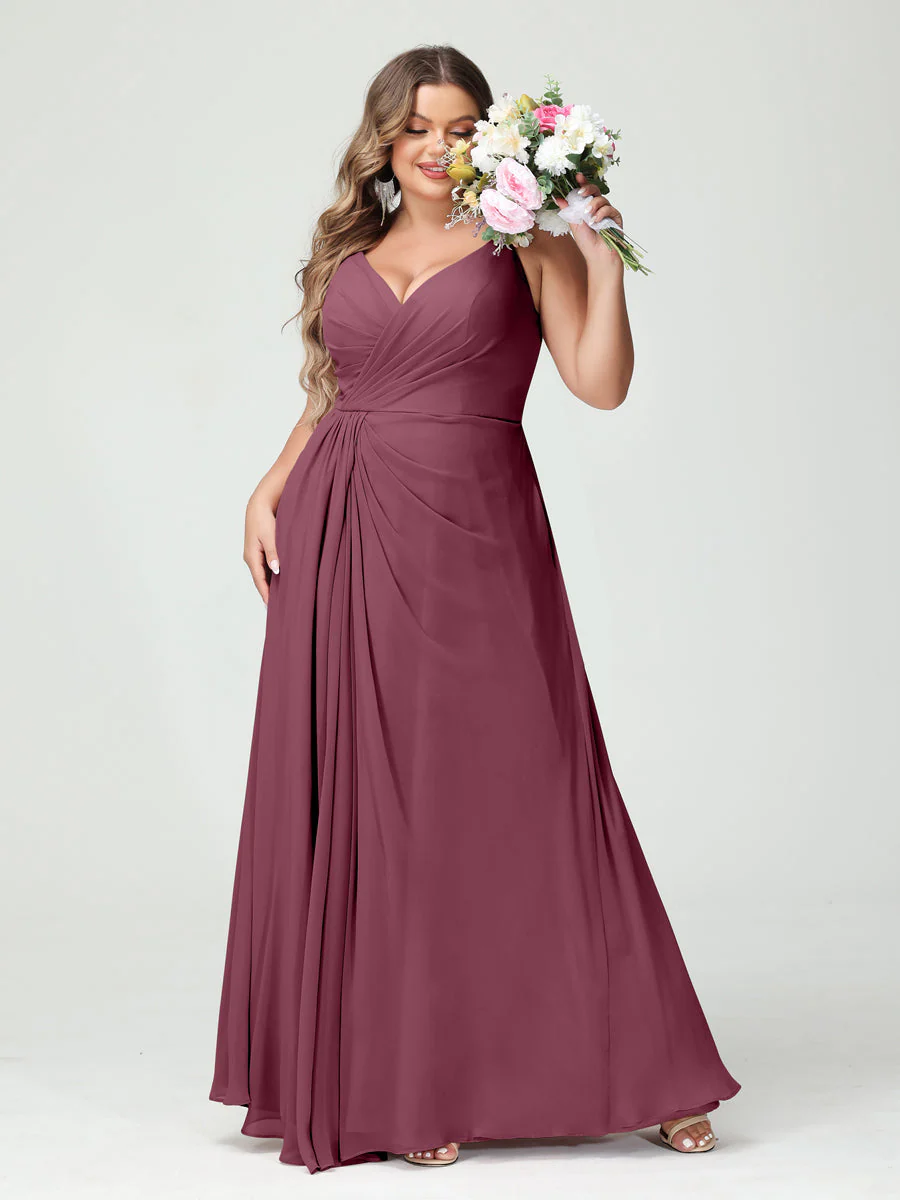 A-Line/Princess Spaghetti Straps Sleeveless Chiffon Plus Size Bridesmaid Dresses with Pockets & Split Side - Image 44