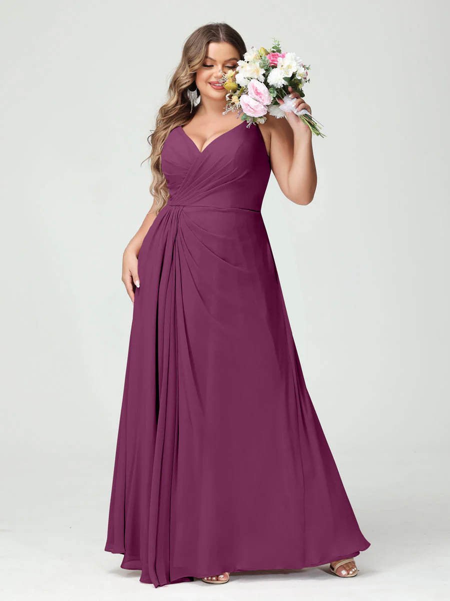 A-Line/Princess Spaghetti Straps Sleeveless Chiffon Plus Size Bridesmaid Dresses with Pockets & Split Side - Image 45
