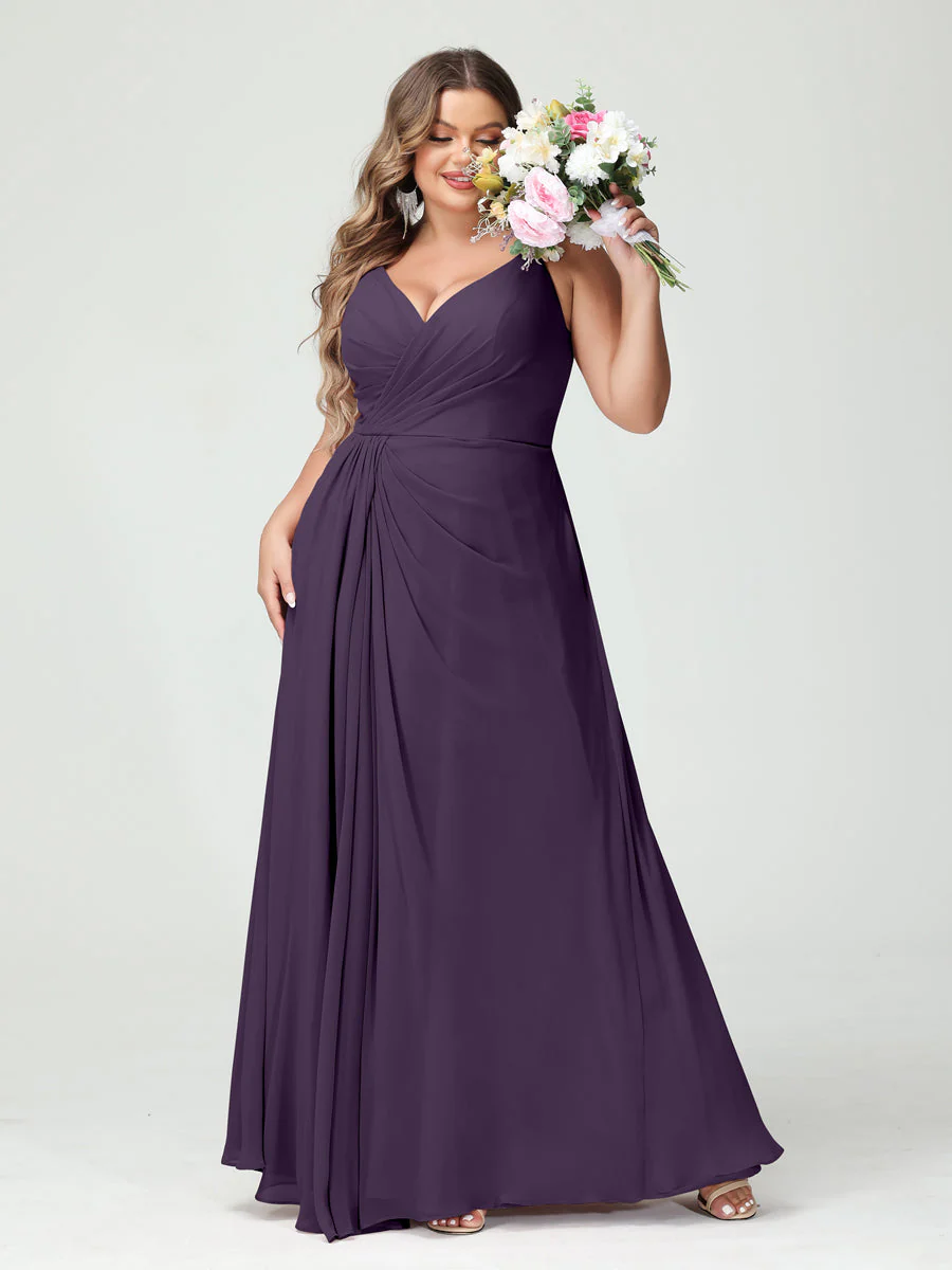 A-Line/Princess Spaghetti Straps Sleeveless Chiffon Plus Size Bridesmaid Dresses with Pockets & Split Side - Image 46