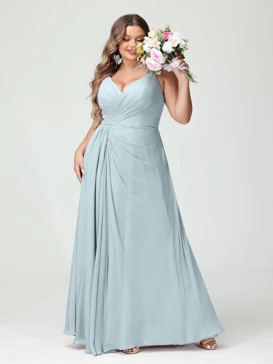 A-Line/Princess Spaghetti Straps Sleeveless Chiffon Plus Size Bridesmaid Dresses with Pockets & Split Side - Image 48