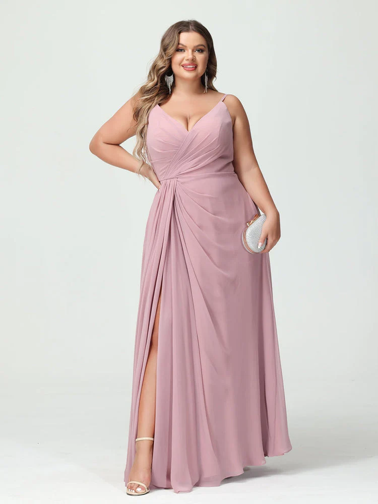 A-Line/Princess Spaghetti Straps Sleeveless Chiffon Plus Size Bridesmaid Dresses with Pockets & Split Side - Image 5