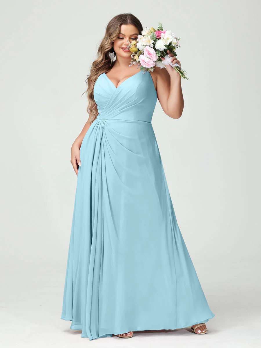 A-Line/Princess Spaghetti Straps Sleeveless Chiffon Plus Size Bridesmaid Dresses with Pockets & Split Side - Image 50