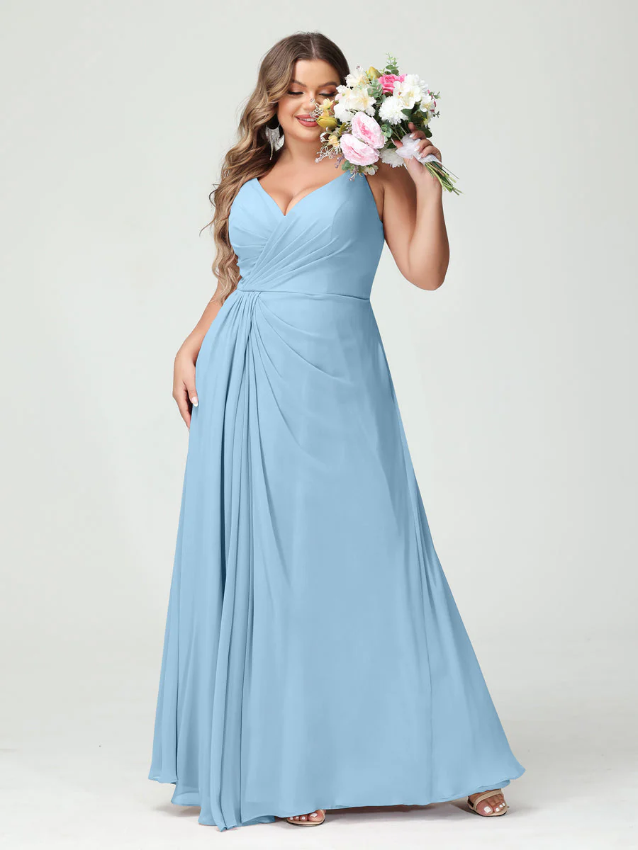 A-Line/Princess Spaghetti Straps Sleeveless Chiffon Plus Size Bridesmaid Dresses with Pockets & Split Side - Image 51