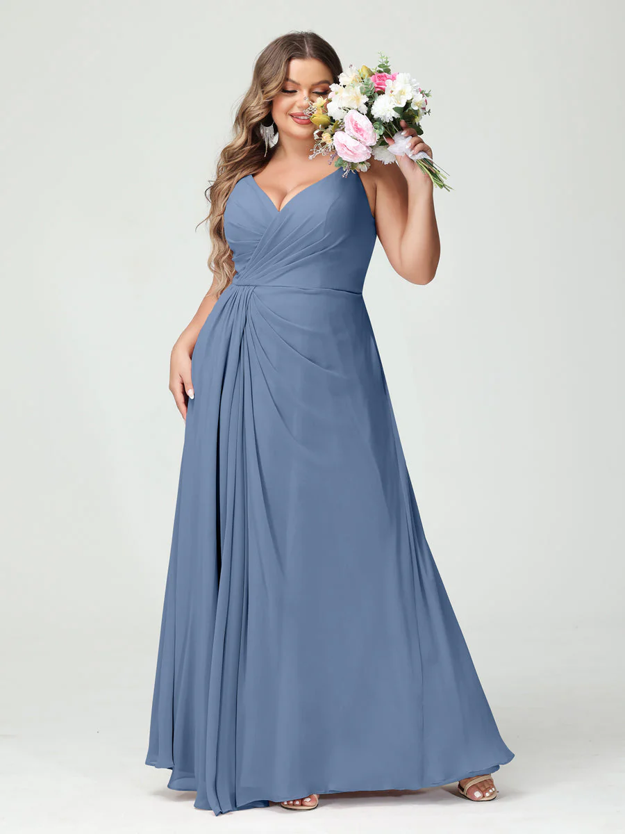 A-Line/Princess Spaghetti Straps Sleeveless Chiffon Plus Size Bridesmaid Dresses with Pockets & Split Side - Image 52