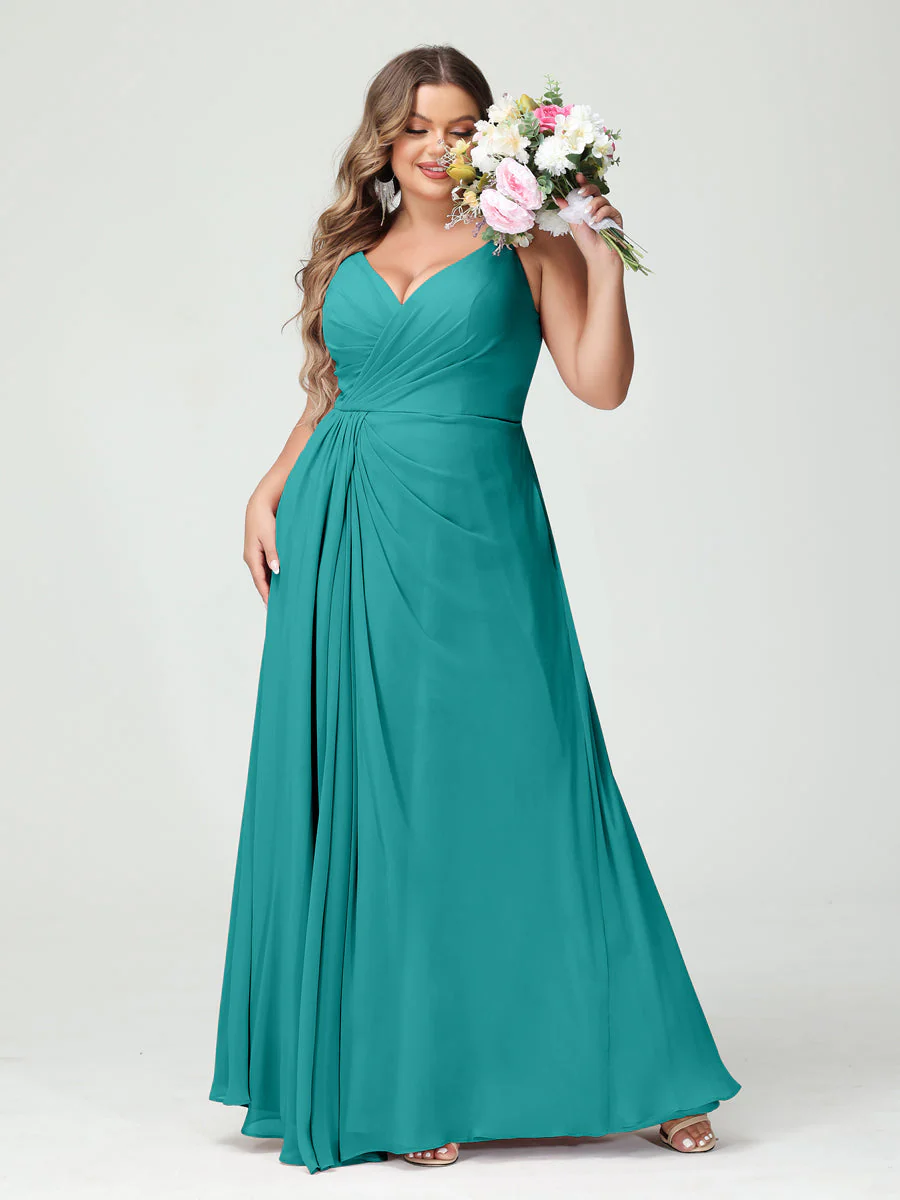 A-Line/Princess Spaghetti Straps Sleeveless Chiffon Plus Size Bridesmaid Dresses with Pockets & Split Side - Image 53