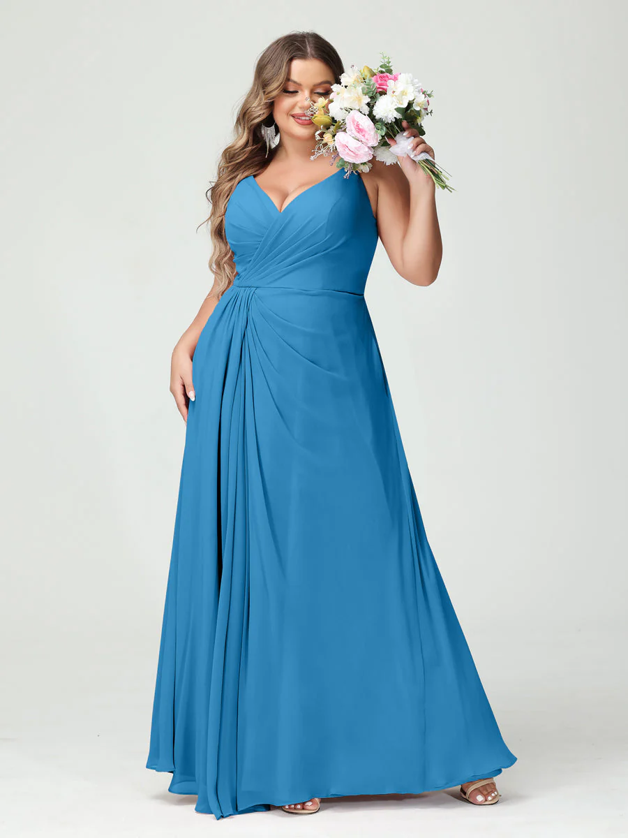 A-Line/Princess Spaghetti Straps Sleeveless Chiffon Plus Size Bridesmaid Dresses with Pockets & Split Side - Image 54