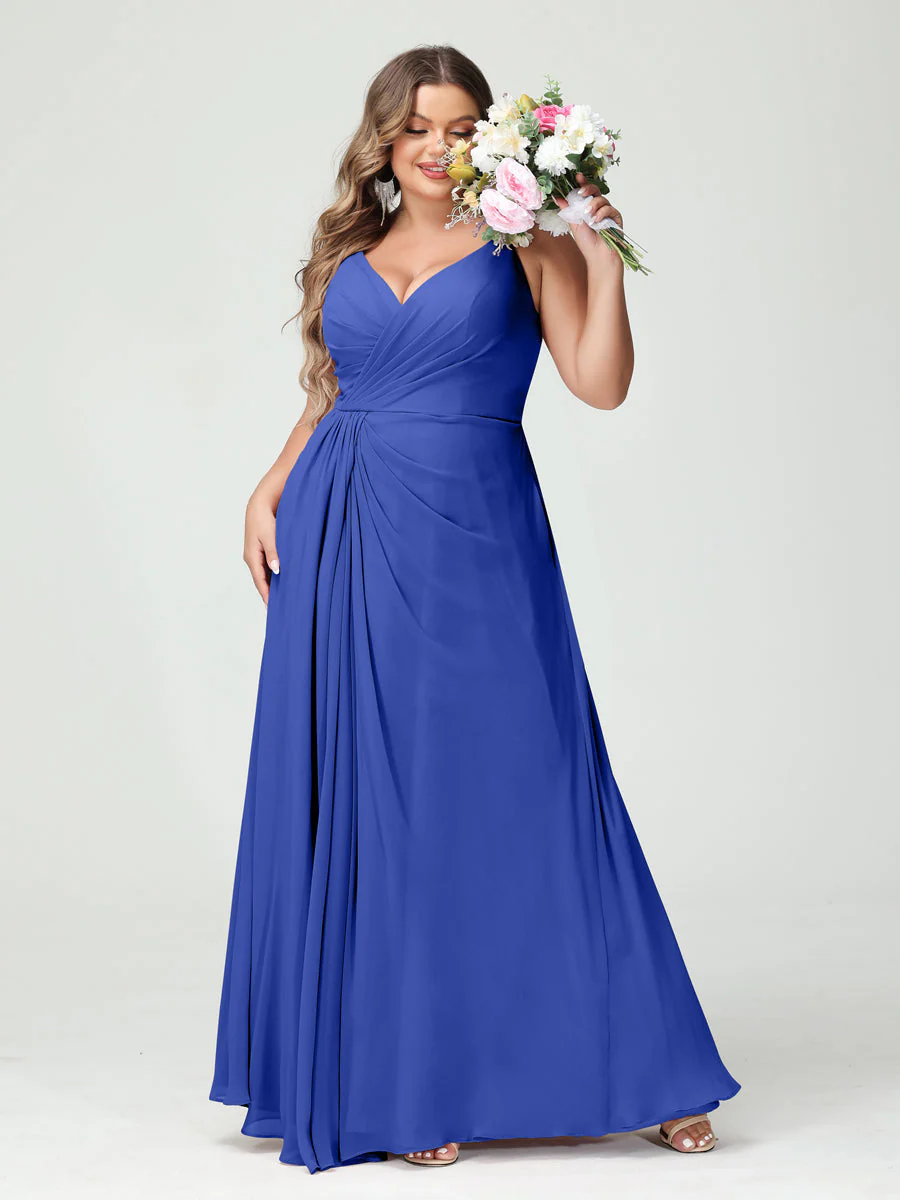 A-Line/Princess Spaghetti Straps Sleeveless Chiffon Plus Size Bridesmaid Dresses with Pockets & Split Side - Image 55