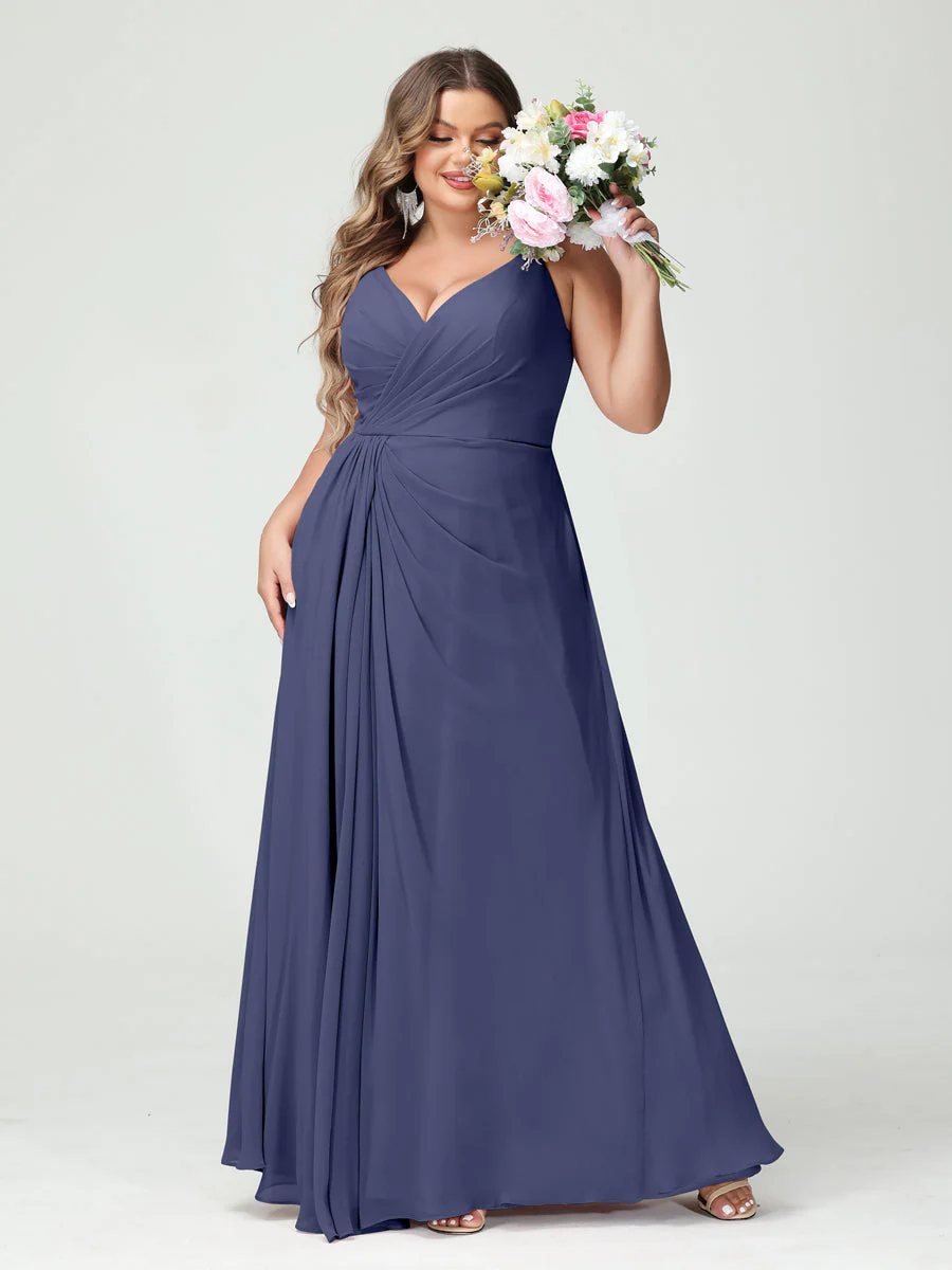 A-Line/Princess Spaghetti Straps Sleeveless Chiffon Plus Size Bridesmaid Dresses with Pockets & Split Side - Image 58